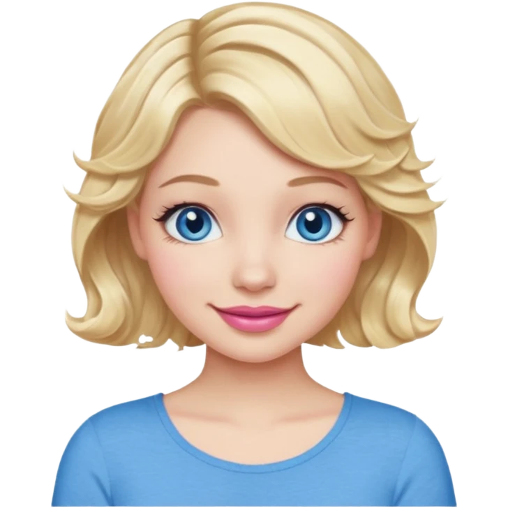 Girl Blonde short wavy hair,  blue eyes, cute blue top, long lashes, pink lips, smiling, 👍🏻 emoji