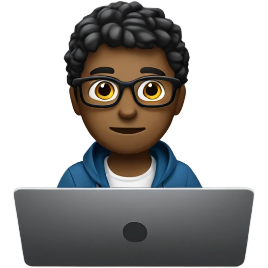 programmer on his laptop, white skin, looking front, darker skin, Black glasses, not blonde, sitting at a workstation with a gaming chain emoji
