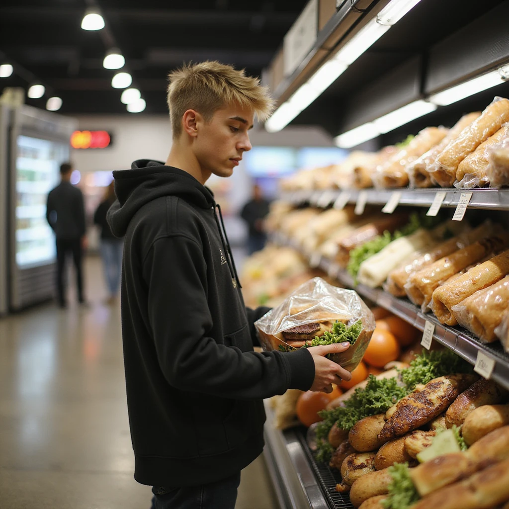 Justin Bieber shopping at Supermarket Muffato, photorealistic style emoji