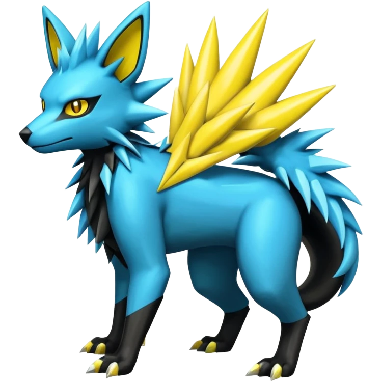 Shiny badass cool edgy spikey fluffy realistic cyan yellow white electric complex futuristic Zeraora-Luxray-Electrike-Umbreon-Manectric-Weregarurumon-fusion-creature (full body) (4 legs) emoji