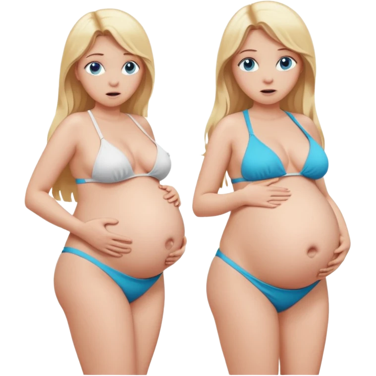White girl, long blonde hair, blue eyes, huge pregnant belly, full body, white bikini, scared expression, looking at belly. emoji