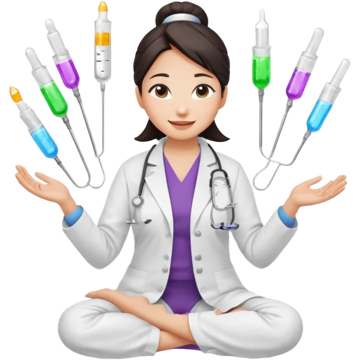 emoji of an asian woman with a single bun in a white lab coat sitting cross legged with a pipettes levitating in an arc around her head emoji