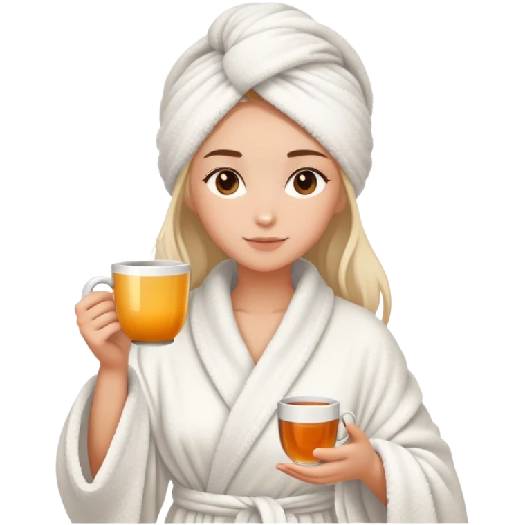 girl hair wrapped in towel wearing robe holding tea emoji