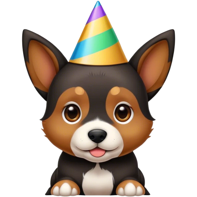 A black and brown pointy ear puppy without white with pointy ears with party hat emoji