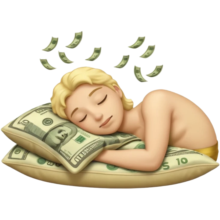 IOS style emoji of a face sleeping on a pillow of money emoji