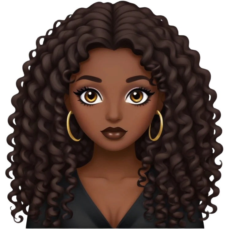 brunette, baddie, dark skin,pretty makeup, black eyeliner, long and curly hair emoji