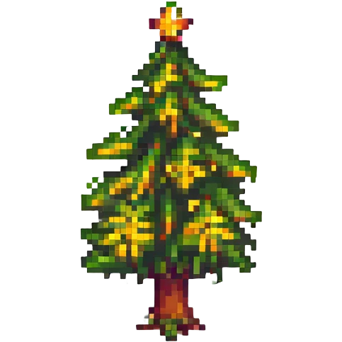 A pixel art style business card with a green background and yellow text, featuring a pixelated tree icon. emoji