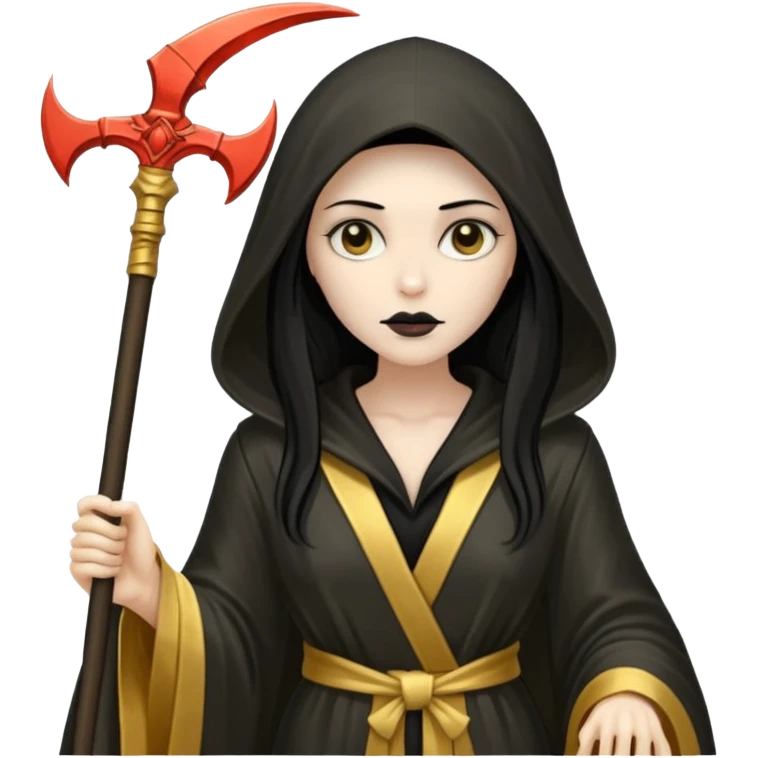 feminine grim reaper in a gold with scythe emoji