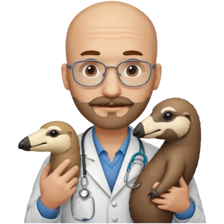 A bald veterinarian with a beard and mustache holding an anteater emoji