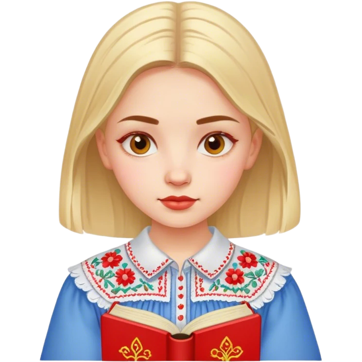 A Ukrainian girl in an embroidered shirt reads a red book emoji