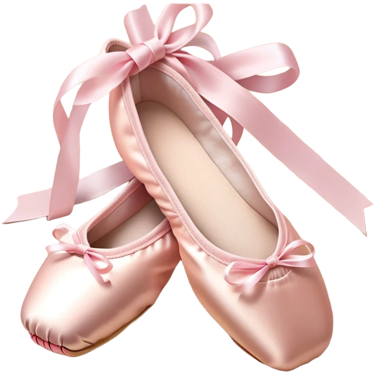 Cinematic Realistic Ballet Shoes, soft satin pink pointe shoes with delicate ribbons, resting gently on a polished wooden floor, subtle creases in the fabric, glowing under the warm golden light of a rehearsal studio, evoking elegance and grace. emoji
