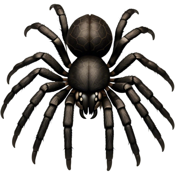 Close-up of a giant hairy black tarantula in its natural habitat, with intricate web details surrounding it. The spider's texture is highlighted, emphasizing its hairy legs and features. Soft background with natural elements like leaves or rocks. Transparent background. emoji