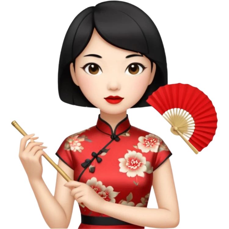 a chinese woman wearing a cheongsam holding a folding fan elegantly with fancy, red lipstick and short black hair emoji