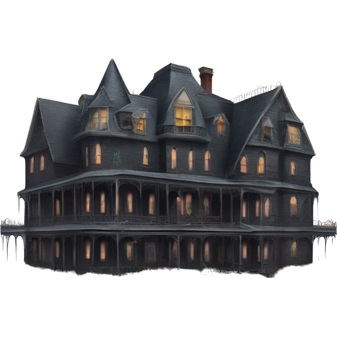 Dark dilapidated 8 story sprawling Haunted Addams manor hotel with attached garage step-van  emoji