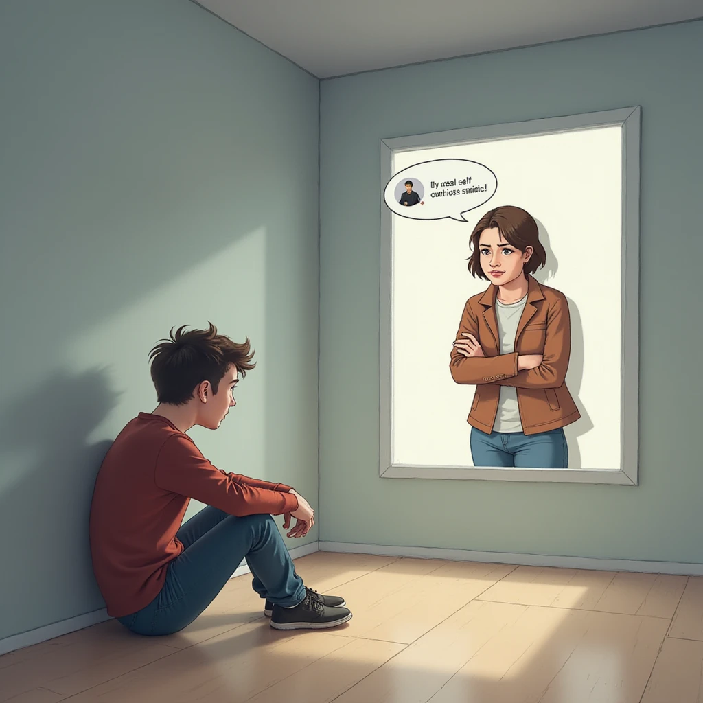 A modern person sitting alone in the corner of a room, looking distressed after seeing their real self in contrast to their idealized image posted on social media, realistic illustration style emoji