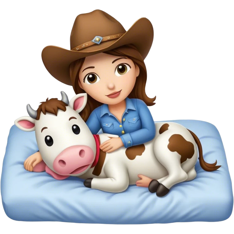 Cowgirl cuddling stuffed cow in bed  emoji