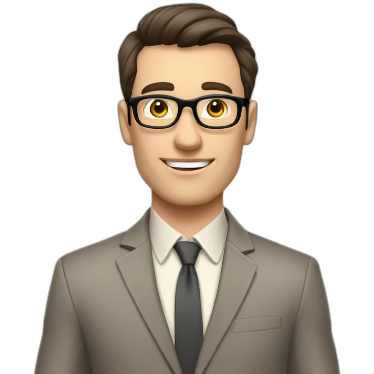 Pale skinned fit man with dark brown hair in gray jacket, beige office shirt, brown tie, brown pants and vintage glasses Writing text on the flipchart emoji