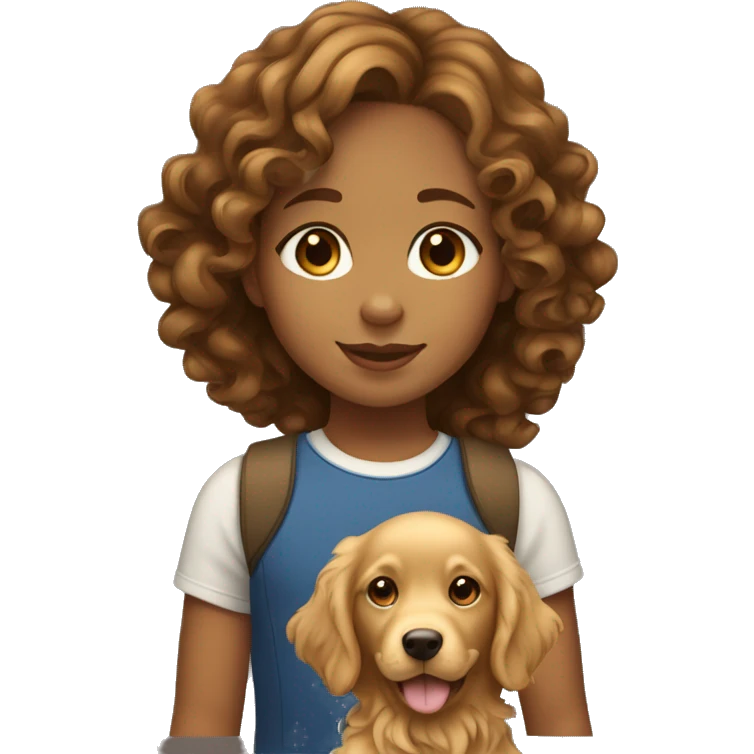 Tan skinned girl with  long brown curly hair with a golden retriever puppy emoji