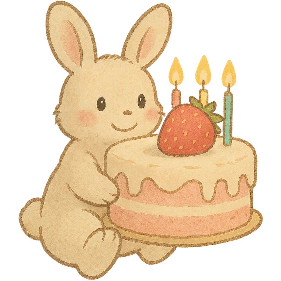 cute bunny holding a big strawberry birthday cake with candles, soft pastel colors emoji
