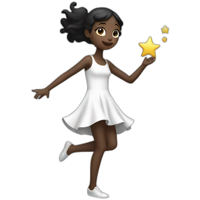 black and white two-dimensional girl in a short dress reaches for a star emoji