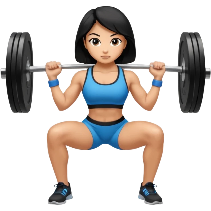 Fitness girl doing the squat with bar and weight, black hair emoji