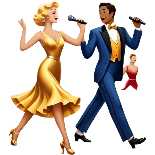 Vintage movie poster-style icon for a musical film. The cityscape glows in the background, evoking the golden era of musicals. A vibrant street scene with bright lights, dancers mid-step, a singer with a microphone, and a jazz band playing. Transparent background. emoji