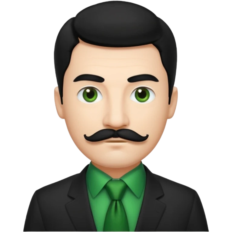 ["Fair-skinned man with black hair and a moustache, wearing a dark suit and green tie."] emoji