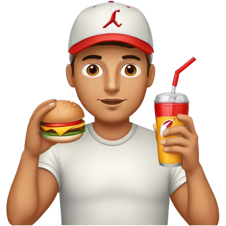 Man drinking an energy drink and eating a burger emoji