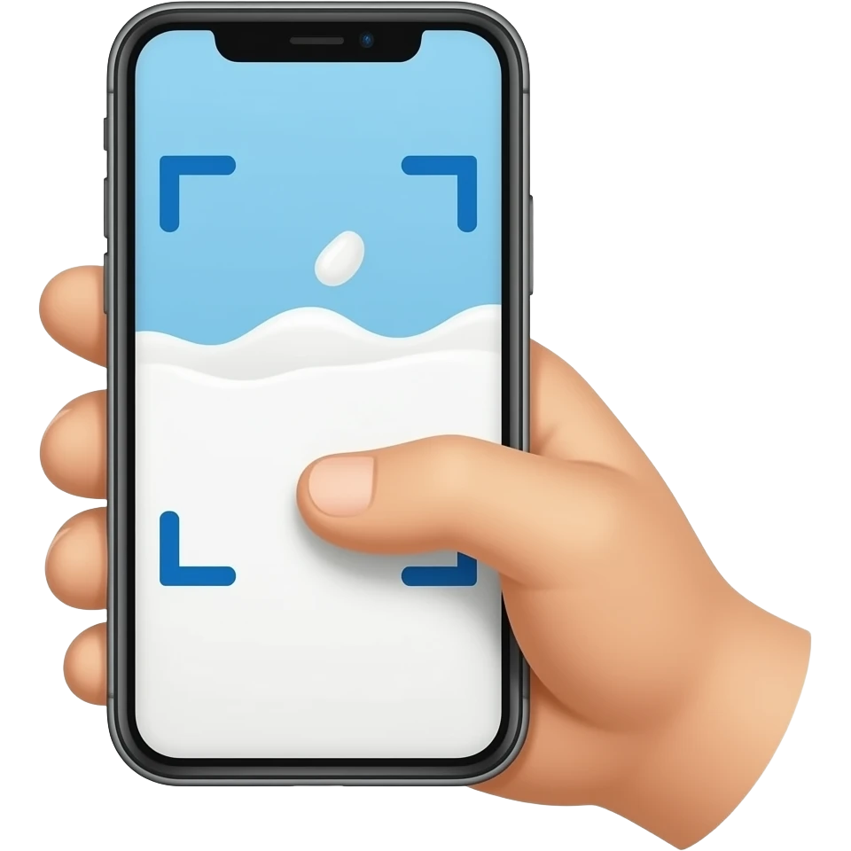 hand gripping a smartphone, phone camera pointed at a milk , scanning action, no text emoji