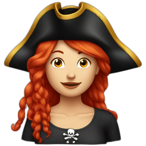 Woman long red hair. Short hair on the other side, pirate hat, skull and crossbones t shirt emoji