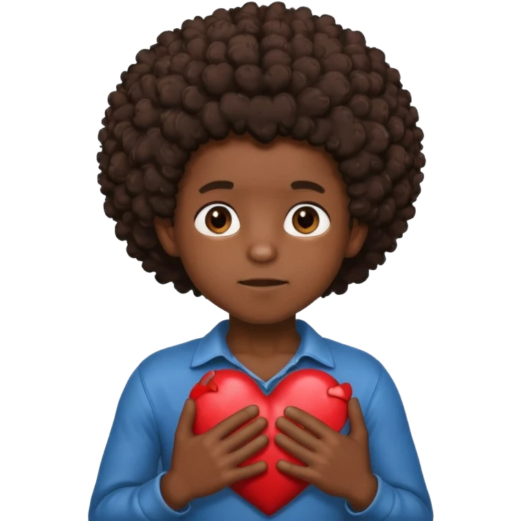 I want a black boy with chocolate skin and a small messy afro holding a heart close to his chest with his hands over the heart as if to present it to someone he loves. emoji