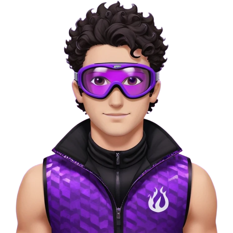 close-up of male athlete with white skin and moderately curly dark brown hair on top with shaved sides, wearing ski goggles with purple frames and very dark black lenses, a simple plain black chain necklace, and a completely unzipped sleeveless vest with purple and black sequin fire pattern design with no logo, with an arrogant smug smirk on his face, looking confident and cocky emoji