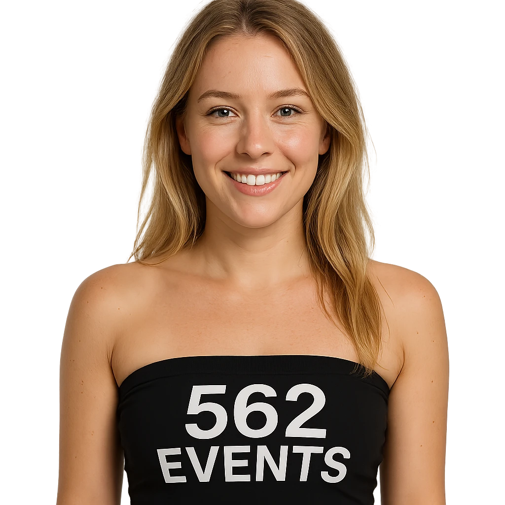 realistic woman with blonde hair, black tube top that says '562 Events' emoji