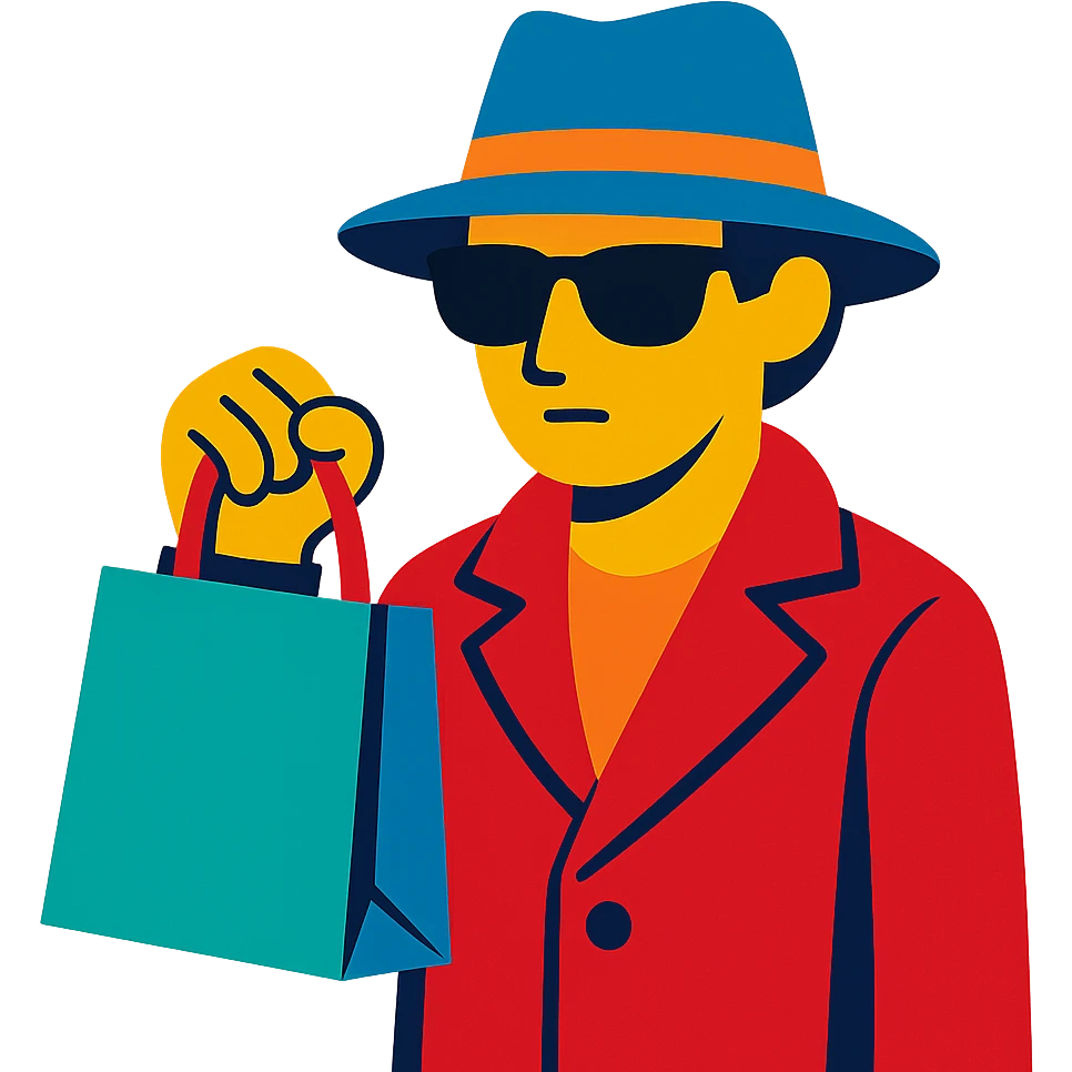 mystery shopper character holding a shopping bag, wearing sunglasses and a hat, vibrant toon style emoji