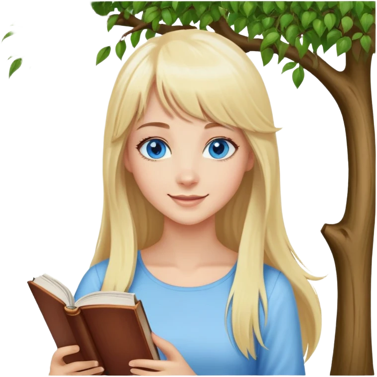 Woman on top of a tree, blue eyes, long blond hair, bangs in front, happy with a book. emoji