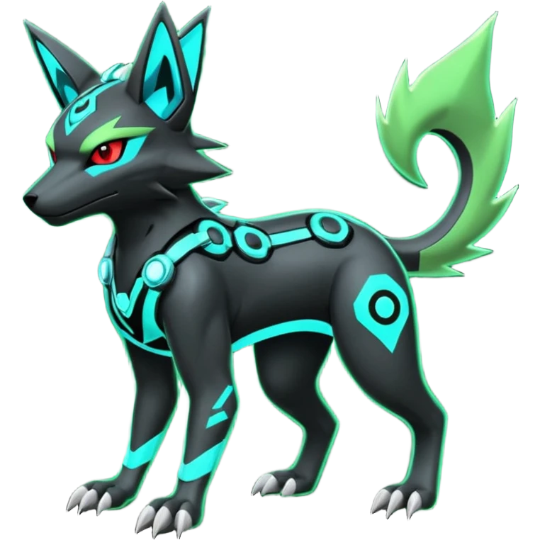 Black and green cyberpunk intricate neon glowing grey white futuristic cyborg-Zeraora-Zoroark-Umbreon-Litten-Salandit-fusion (full body) emoji