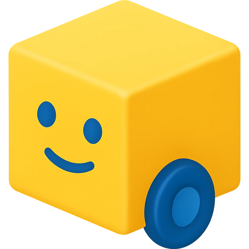yellow cube with blue eyes, blue mouth, and blue wheel matching the eyes, colorful icon style emoji