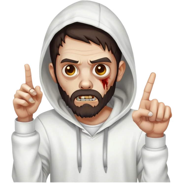 zombie pointing finger wearing plain white hoodie with no designs, dark brown hair and short full beard emoji