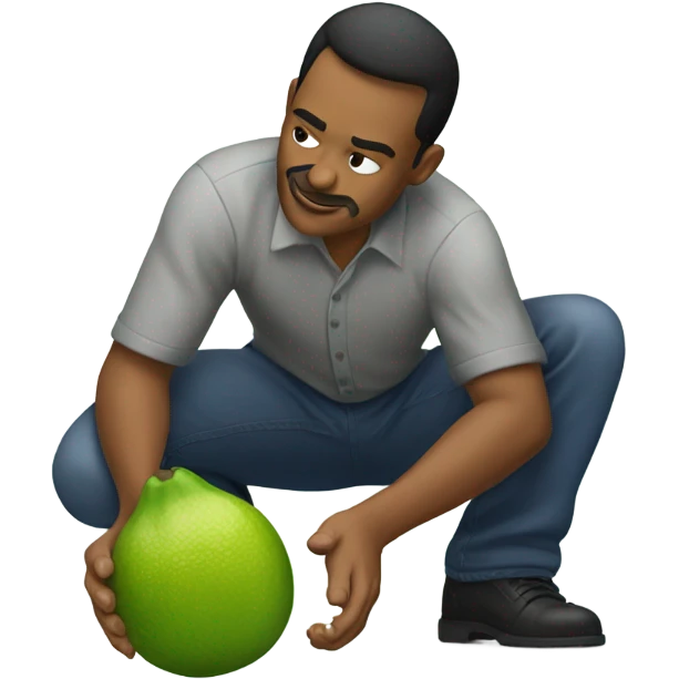 The same man bending down to pick up fallen limes on the floor . emoji