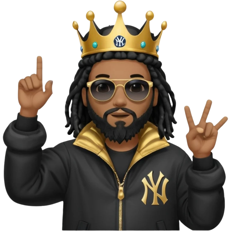 African American man with shoulder length black dreadlocks with black beard wearing black sunglasses wearing Crown on his head wearing a black bubble m New York Yankees logo winter coat pointing at himself emoji