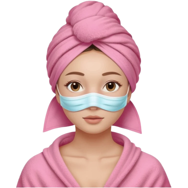 Clean girl influencer character, chest-up portrait, wearing a pink towel wrapped around the head,  skincare mask on her full face, relaxed confident expression, soft glow skin, minimal chic aesthetic, subtle beauty accessories, calm self-care vibe emoji