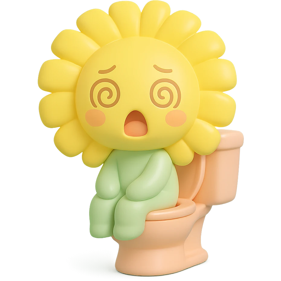 lemon yellow dandelion flower with a shocked face, sitting on a toilet with swirls in the eyes, soft colors, chibi expression emoji