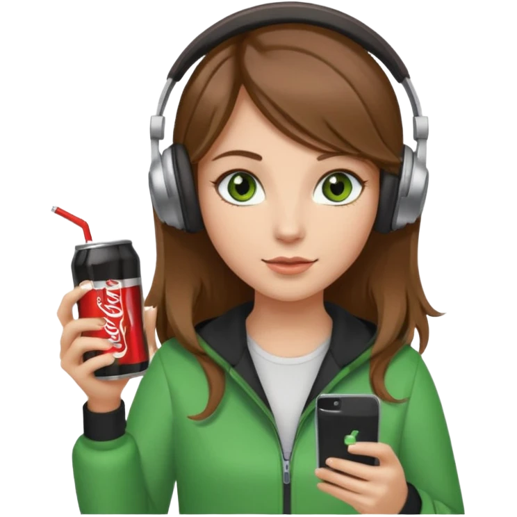 a girl with brown hair blonde ends green eyes phone in hand with diet coke and wearing headphones emoji