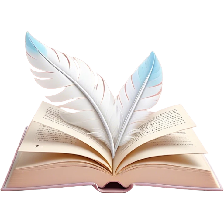 Create a delicate and poetic emoji representing poetry. The design should feature several elegantly flying pages with short poetic columns written on them. The pages should appear light and flowing, almost as if being carried by the wind. Include one white feather, gently resting on the pages, symbolizing creativity and inspiration. Use soft, pastel tones to give it a dreamy, artistic feel. The design should feel ethereal and whimsical, capturing the essence of poetry. Make the background transparent. emoji