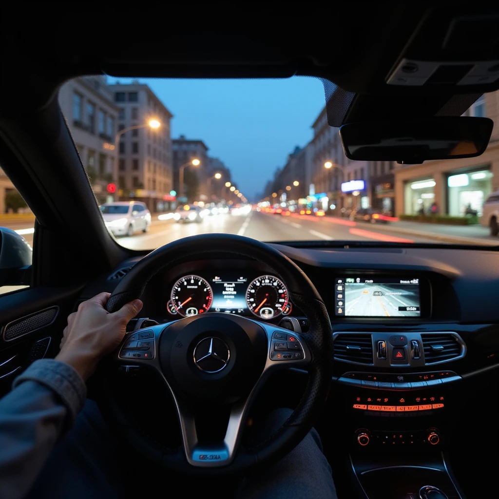 Mercedes E63 2024, immersive cockpit POV, left hand on steering wheel, night cityscape of Bucharest visible through windshield, motion blur, highly realistic emoji