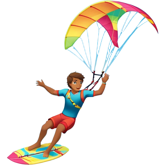 A professional kite surfer performing a high-flying trick on the waves, with a colorful kite soaring above. The background features a stunning landscape of rolling ocean waves, a bright sky, and distant mountains, emphasizing the skill and freedom of the sport. emoji