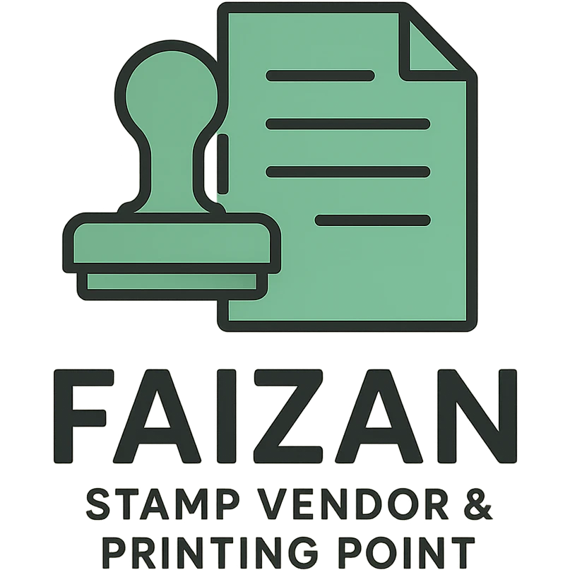 logo for 'Faizan Stamp Vendor & Printing Point', minimalistic design, abstract stamp and paper elements, green and gray palette, contemporary style emoji