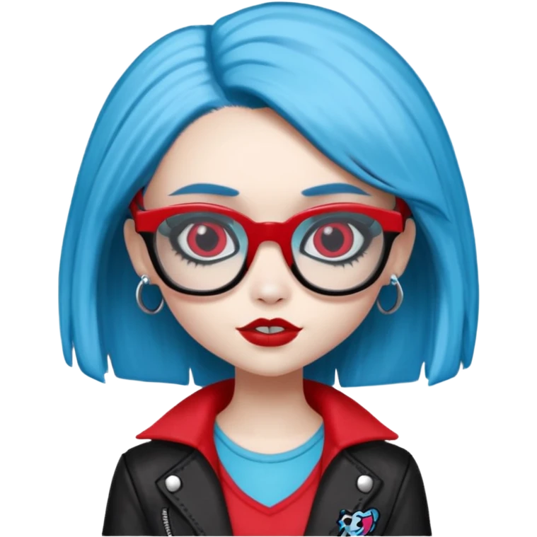 Ghoulia yelps monster high doll in scene/emo style clothes, thin, red, rectangle glasses emoji