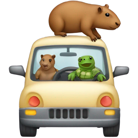 Capibara with turtle backpack, driving car emoji