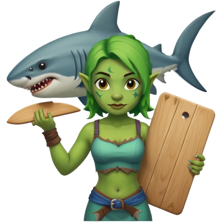 orc female holds a board with a shark painted vertically in his hands emoji